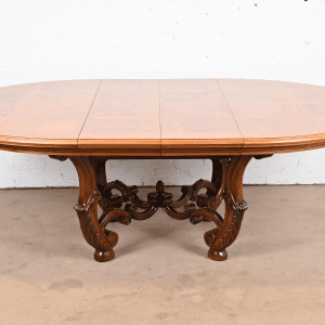 Henredon Italian Provincial Carved Walnut and Burl Wood Pedestal Dining Table, Newly Refinished