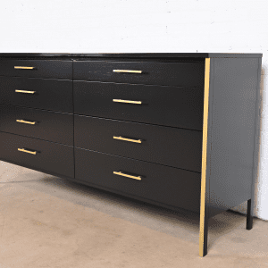 Paul McCobb Black Lacquer and Brass Dresser or Credenza, Newly Refinished