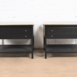 Paul McCobb Irwin Collection Black Lacquer and Brass End Tables or Nightstands, Newly Refinished