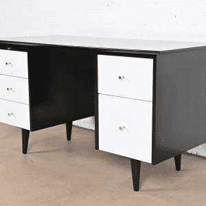 Paul McCobb Planner Group Black and White Lacquered Double Pedestal Desk, Newly Refinished