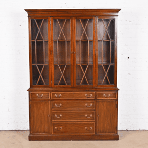 Henkel Harris Georgian Carved Mahogany Lighted Breakfront Bookcase Cabinet