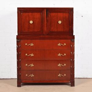 John Stuart French Regency Louis XVI Carved Mahogany Highboy Dresser, Circa 1940s