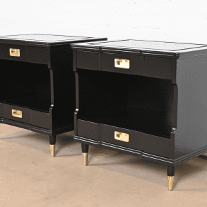 John Widdicomb Mid-Century Modern Hollywood Regency Black Lacquered Nightstands, Newly Refinished