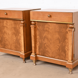 Romweber Empire Mahogany, Burl Wood, and Brass Nightstands, Newly Refinished