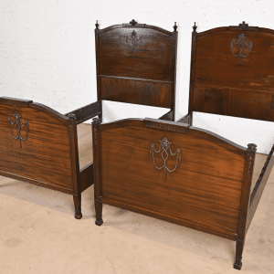 Antique French Regency Louis XVI Carved Mahogany Twin Size Beds, Pair