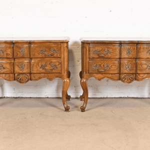 Baker Furniture French Provincial Louis XV Carved Oak and Burl Wood Commodes or Bedside Chests, Pair