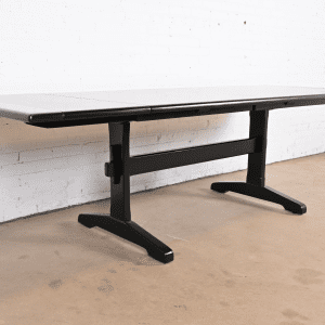 Ethan Allen Black Lacquered Pine Trestle Base Farmhouse Extension Dining Table, Newly Refinished