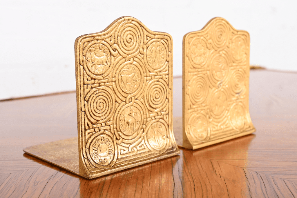 Tiffany Studios New York Bronze Doré Zodiac Bookends, Circa 1910