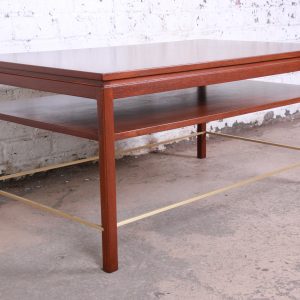 Edward Wormley for Dunbar Two-Tier Walnut and Brass Cocktail Table, Newly Refinished