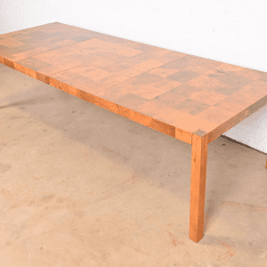 Milo Baughman Style Patchwork Burl Wood Parsons Extension Dining Table, Newly Refinished