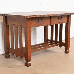 Antique Stickley Brothers Mission Oak Arts & Crafts Leather Top Writing Desk or Library Table, Circa 1900