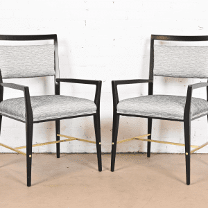 Paul McCobb Connoisseur Collection Black Lacquered Mahogany and Brass Armchairs, Fully Restored