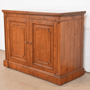 Kindel Furniture French Regency Cherry Wood Flip Top Rolling Bar Cabinet, Circa 1960s