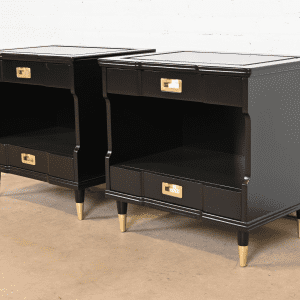 John Widdicomb Mid-Century Modern Hollywood Regency Black Lacquered Nightstands, Newly Refinished