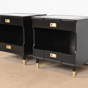 John Widdicomb Mid-Century Modern Hollywood Regency Black Lacquered Nightstands, Newly Refinished