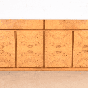 Milo Baughman Style Burl Wood Sideboard, Credenza, or Bar Cabinet, Newly Refinished
