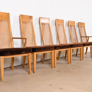 Milo Baughman Style Mid-Century Modern Burl Wood and Cane Dining Chairs by Lane, 1970s