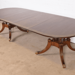 Baker Furniture Style Georgian Banded Mahogany Double Pedestal Extension Dining Table, Newly Refinished