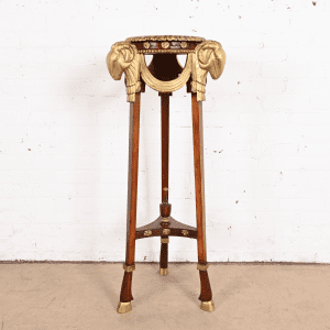 John Widdicomb Neoclassical Mahogany Guéridon Pedestal Table or Plant Stand With Gold Gilt Ram Heads and Hooved Feet