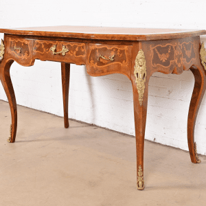 Antique Italian Louis XV Burl Wood Leather Top Bureau Plat Desk With Mounted Bronze Ormolu
