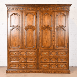 Baker Furniture French Provincial Louis XV Carved Oak Double Armoire Dresser or Linen Press, Circa 1960s