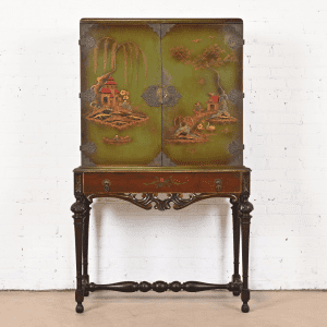 Chinoiserie Jacobean Hand Painted Bookcase or Bar Cabinet, Circa 1920s