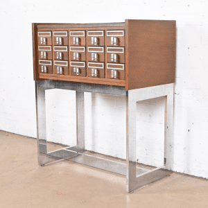Mid-Century Modern Walnut and Chrome 15-Drawer Library Card Catalog