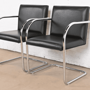 Mies Van Der Rohe Black Leather and Chrome Brno Chairs, Pair
