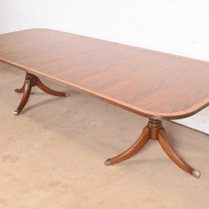 Ethan Allen Georgian Banded Flame Mahogany Double Pedestal Extension Dining Table