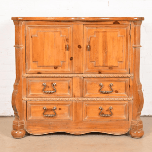 Henredon Spanish Baroque Carved Solid Pine Bar Cabinet or Chest of Drawers