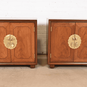 Mid-Century Hollywood Regency Chinoiserie Walnut Bedside Chests Attributed to Henredon, Newly Refinished