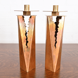 Paul Evans Style Brutalist Hand Wrought Copper Candlesticks, Circa 1970s