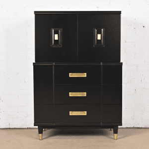 John Widdicomb Hollywood Regency Campaign Black Lacquered Gentleman's Chest, Newly Refinished