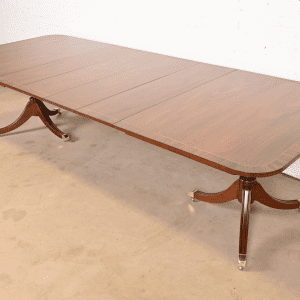 Kindel Furniture Georgian Banded Mahogany Double Pedestal Extension Dining Table, Newly Refinished