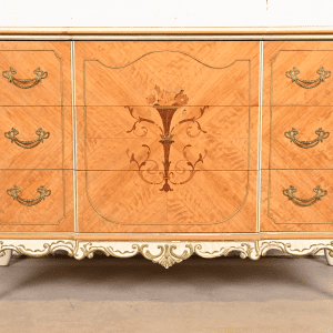 Romweber French Rococo Louis XV Satinwood Inlaid Marquetry and Parcel Painted Dresser, Circa 1930s