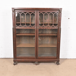 Antique Arts & Crafts Carved Oak Glass Front Double Bookcase, Circa 1900