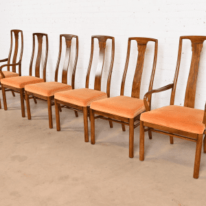 Drexel Heritage Mid-Century Modern Walnut High Back Dining Chairs, Set of Six