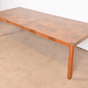 Milo Baughman for Thayer Coggin Patchwork Burl Wood Parsons Extension Dining Table, Newly Refinished
