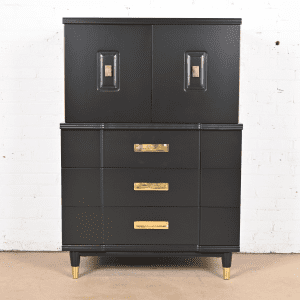 John Widdicomb Hollywood Regency Campaign Black Lacquered Gentleman's Chest, Newly Refinished