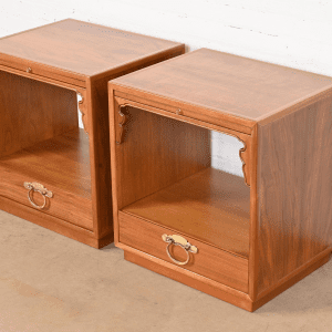 John Widdicomb Mid-Century Modern Hollywood Regency Chinoiserie Burled Walnut Nightstands, Newly Refinished