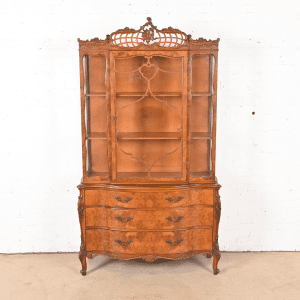 Romweber French Provincial Louis XV Burl Wood Breakfront Bookcase Cabinet, Circa 1920s