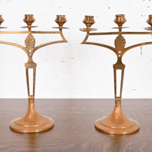 Antique Swedish Art Nouveau Brass and Copper Two-Arm Candelabras, Pair