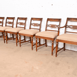 Flint & Horner French Regency Louis XVI Carved Cherry Wood Dining Chairs, Set of Six