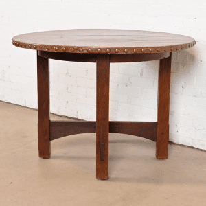 Gustav Stickley Antique Mission Oak Arts & Crafts Leather Top Center Table or Breakfast Table, Circa 1900