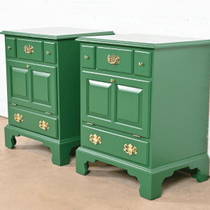 Henkel Harris American Colonial Green Lacquered Solid Cherry Wood Bedside Chests, Pair