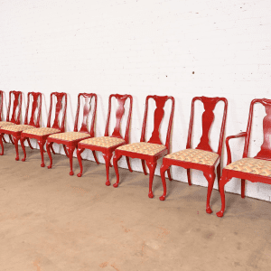 Kindel Furniture Style Chinoiserie Queen Anne Red Lacquered Dining Chairs, Set of Ten