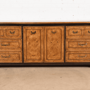 Hollywood Regency Chinoiserie Burl Wood and Ebonized Wood Dresser or Credenza, Circa 1970s