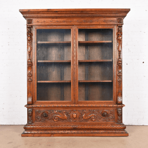 Antique French Renaissance Ornate Carved Walnut Bookcase Cabinet, Circa 1900