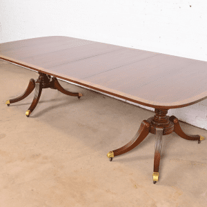 Baker Furniture Georgian Banded Mahogany Double Pedestal Extension Dining Table, Newly Refinished