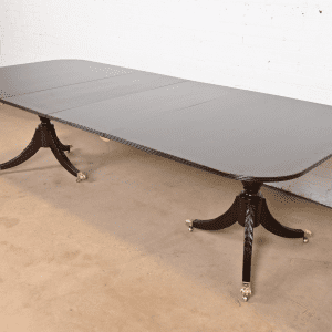 Baker Furniture Style Georgian Banded Mahogany Double Pedestal Extension Dining Table, Newly Refinished